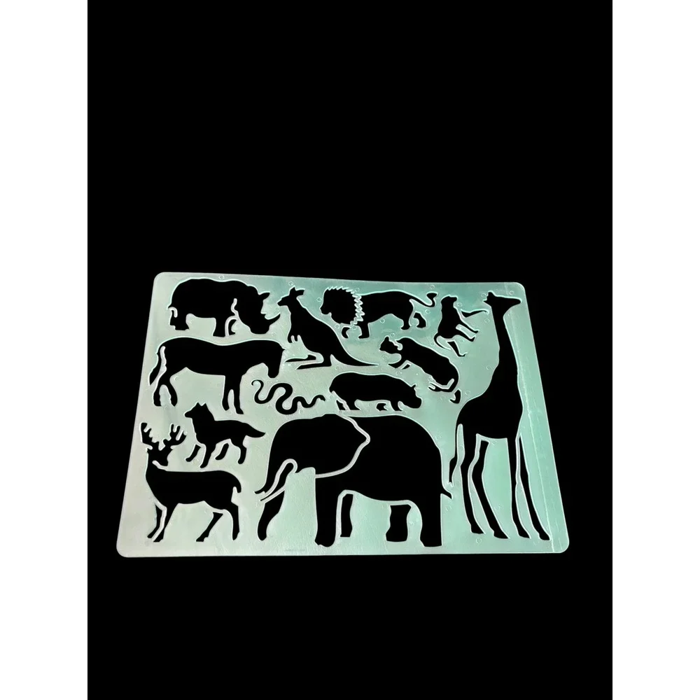 Animal Wildlife Stencil Giraffe Elephant Lion Green Plastic Drawing Template